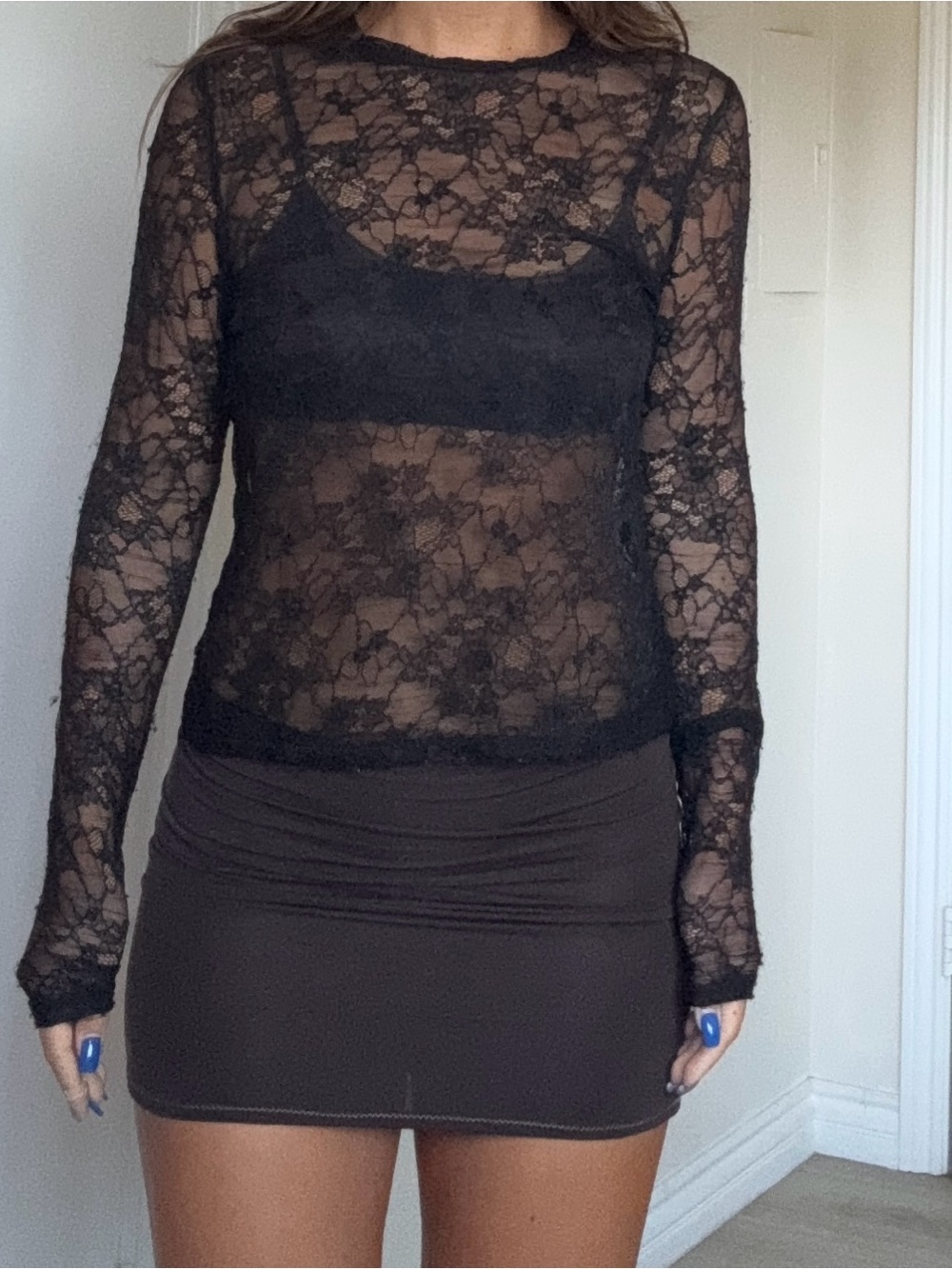 Lindex Black Sheer Floral Lace Long Sleeve Top